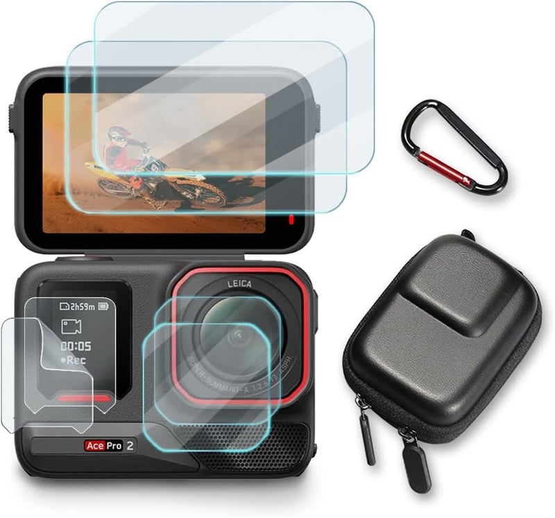 Huadu Screen Protector Compatible for Insta360 Ace Pro 2 Camera,Tempered Glass Film Anti Scratch High Definition Full Coverage and Hard Shell Travel Storage Carrying Case - Image 1